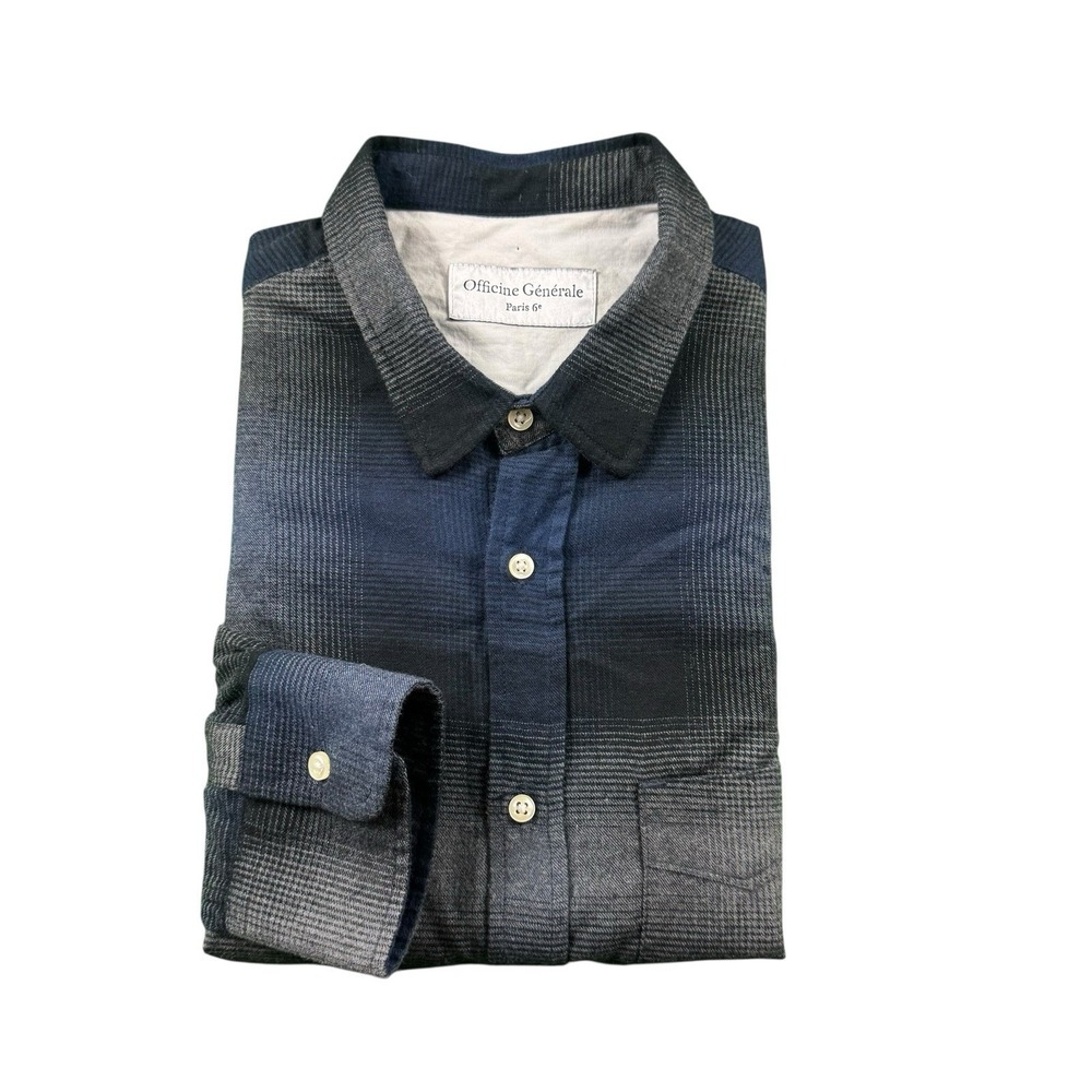 Officine Generale Blue Gray Checked‎ Flannel L/S Button Front Size M NWT